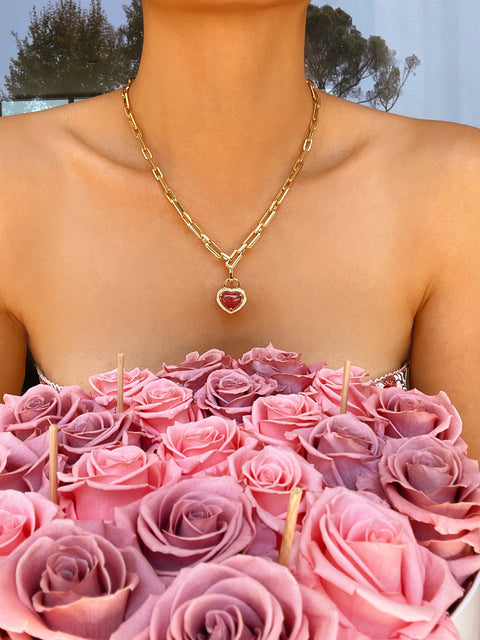 Celia Double Sided Pink Heart Padlock Tourmaline Pendant - 18K Gold Plated - Sunnysideus 