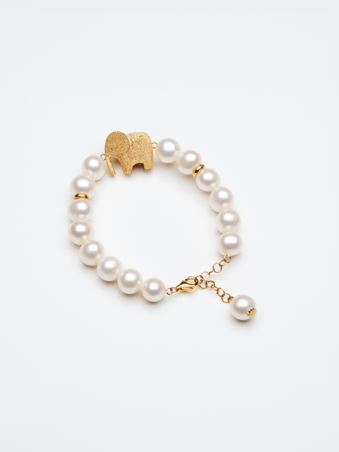 Sunnysideus Hanno the Elephant Pearl Bracelet - Picture showed piece was created in a Florentine finished 10k yellow gold, along with natural freshwater white pearls.
