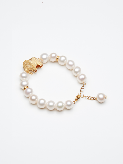 Hanno the Elephant Pearl Bracelet - Picture showed piece was created in a Florentine finished 10k yellow gold, along with natural freshwater white pearls.