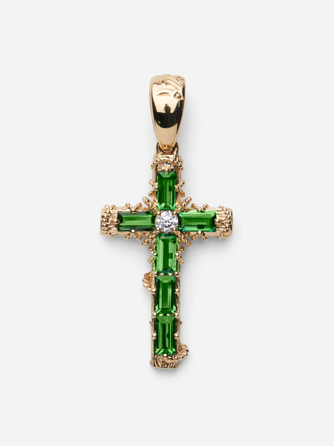 Tsavorite & Diamond Textured Cross Pendant in 14K Yellow Gold - Sunnysideus 